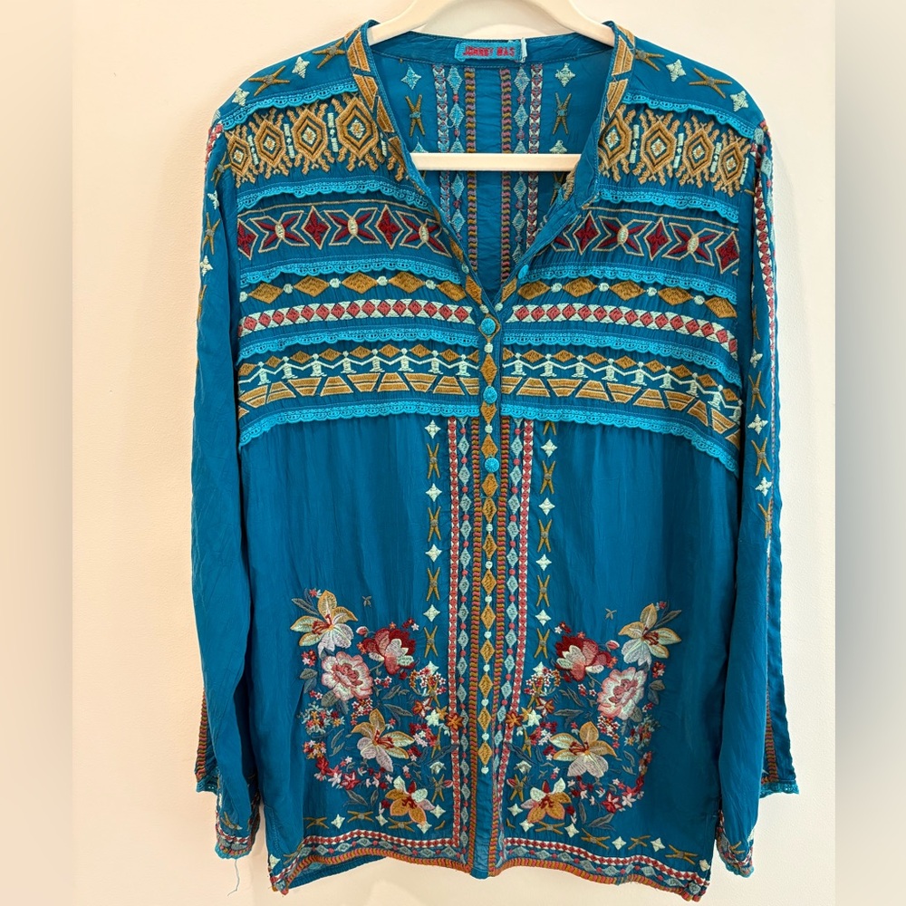 Johnny Was Embroidered Boho Blouse – Size L – Teal Multicolor